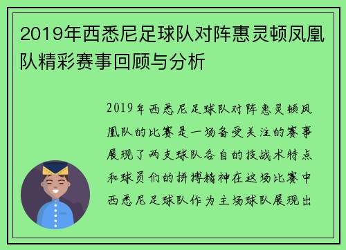 2019年西悉尼足球队对阵惠灵顿凤凰队精彩赛事回顾与分析